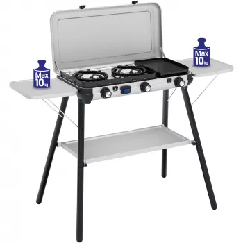 Camping Kitchen 2 Multi Cook Plus, γκαζιέρα γκρι, 2 ζώνες μαγειρέματος 2x 1,8 kW + πλάκα ψησίματος 0,9 kW, μοντέλο 2025