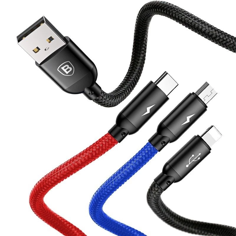 BASEUS Colorfone CAMLT-BSY01 καλώδιο USB 1,2 m USB A 3 x USB C μαύρο, κόκκινο, μπλε