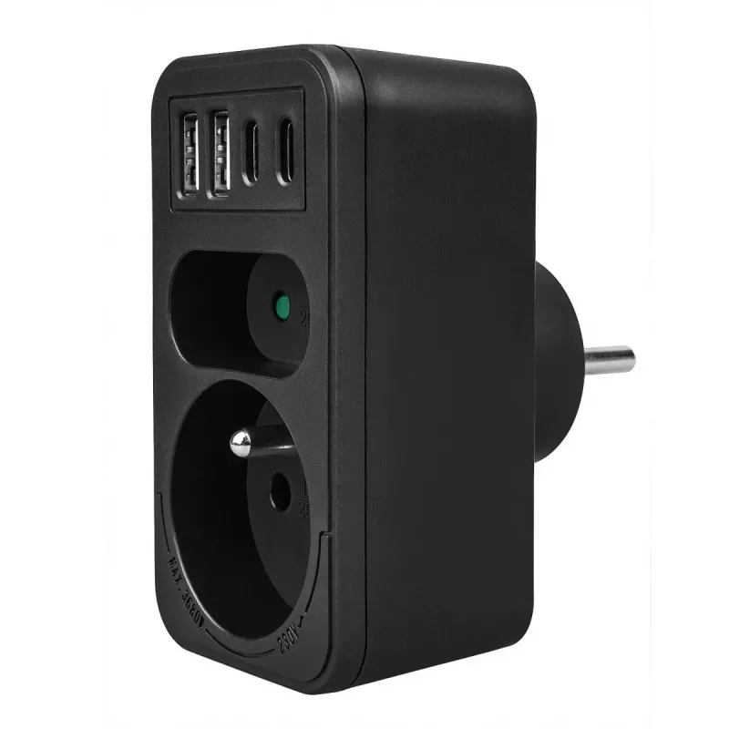 Πολύπριζο MACLEAN MCE249 F/B – 2 πρίζες AC (16A + 6A) με 2×USB-A και 2×USB-C PD 20W, βύσμα EU, μαύρο