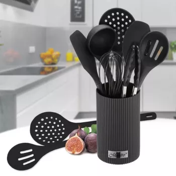 Σετ σκευών κουζίνας Maestro MR-1542 — 8 τεμ. σιλικόνης εργαλείων πάγκου, μαύρο, κρεμαστό με βάση αποθήκευσης
