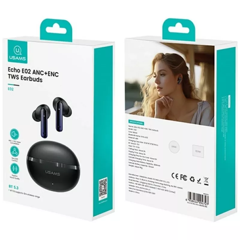 Ακουστικά Bluetooth Usams TWS E02 ANC+ENC μαύρα
