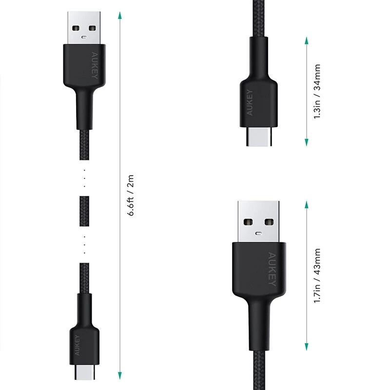 Καλώδιο USB-C σε USB-A Aukey CB-CA2, πλεξούδα νάιλον, Quick Charge 3 A, 1 m