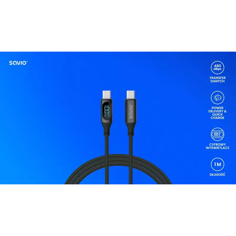 Savio CL-174 καλώδιο USB-C σε USB-C, 100 W, Power Delivery/Quick Charge, ψηφιακή οθόνη, 1 μ., πράσινο