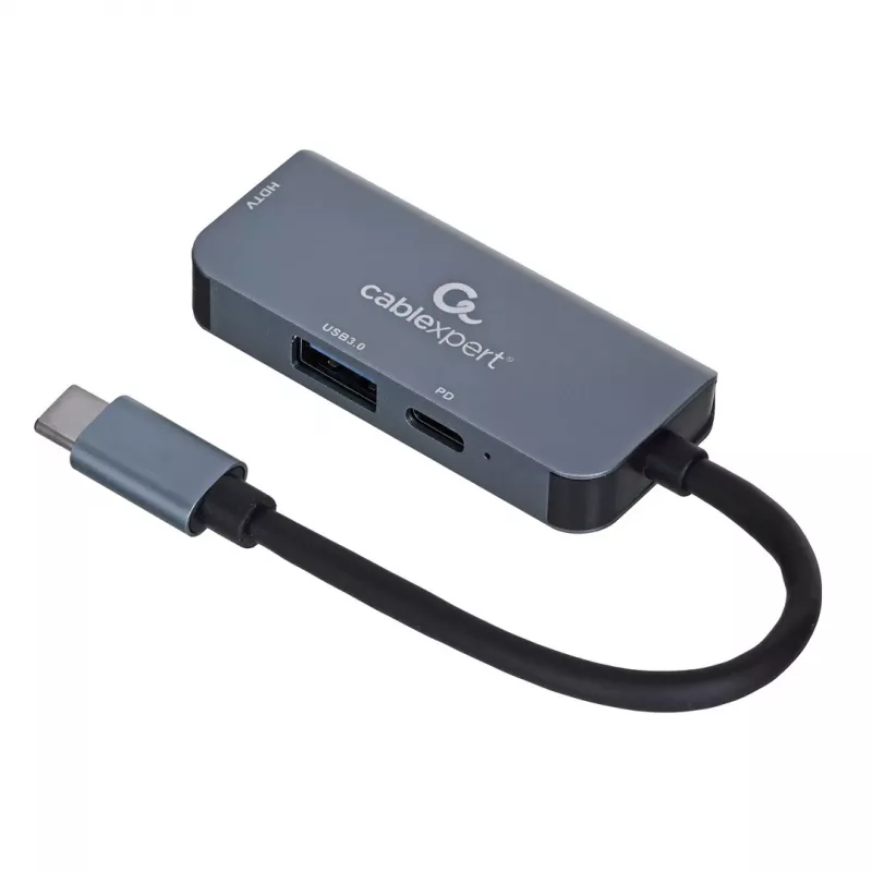 Gembird A-CM-COMBO3-02 προσαρμογέας πολλαπλών θυρών USB-C 3 σε 1, hub USB 3.2 Gen 1, HDMI 4K, USB-C PD 87 W, ασημί