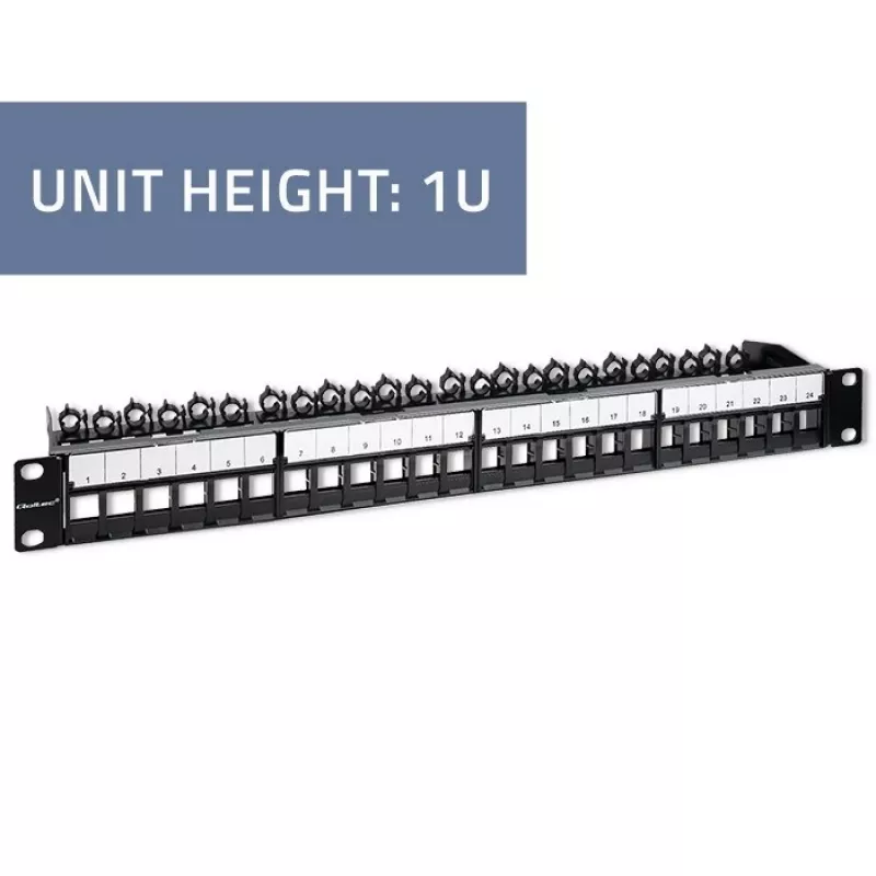 Qoltec 54516 patch panel για rack 19 ιντσών, 24 θύρες, 1U, UTP, μαύρο