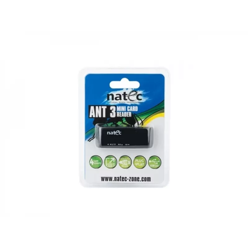 Natec MINI ANT 3 Αναγνώστης Καρτών USB 2.0 (SD, SDHC, MMC, M2, microSD), Μαύρο (NCZ-0560)