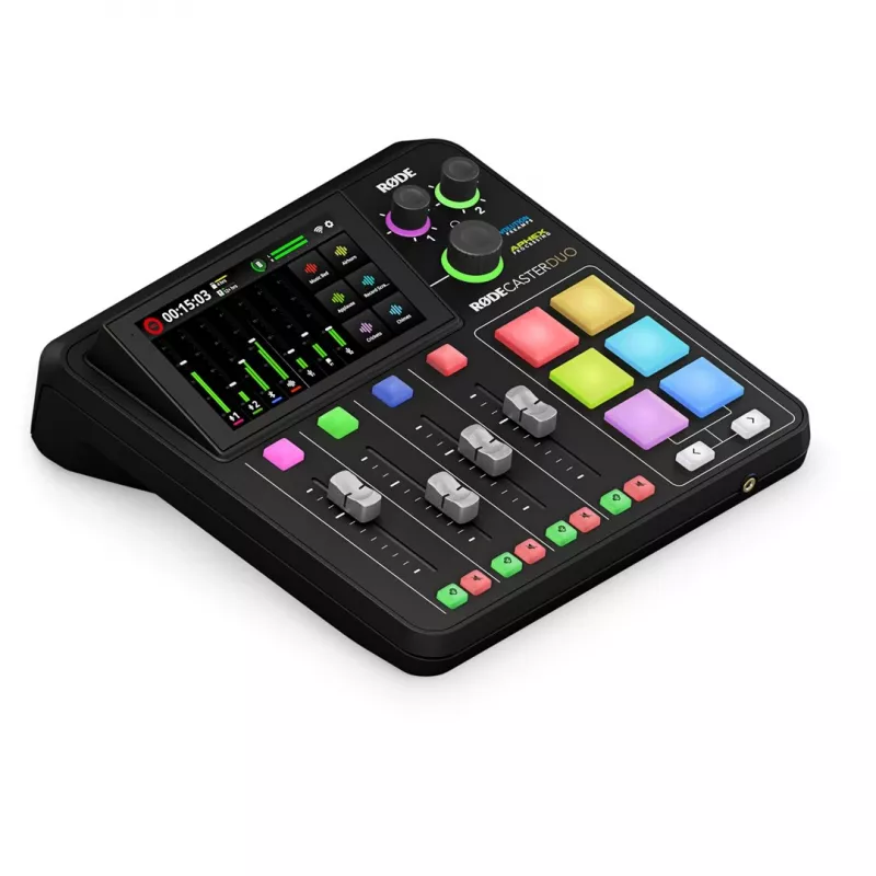 Studio controller RØDE Caster Duo Μαύρο — 2 Combo XLR/TRS, 2 TRS Line έξοδοι, 48 kHz, 24-Bit, οθόνη αφής, Wi‑Fi, Bluetooth