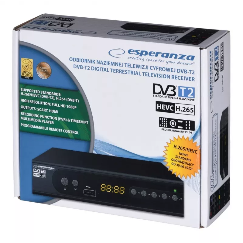 Esperanza EV106P αποκωδικοποιητής DVB-T2 H.265/HEVC, HDMI, SCART, USB, PVR, μαύρος