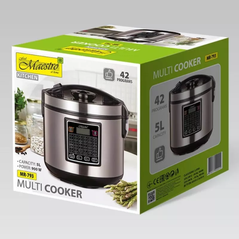 Multicooker Maestro MR-793 5 L, 900 W, ανοξείδωτο/μαύρο, 42 αυτόματα προγράμματα, 40–160 °C