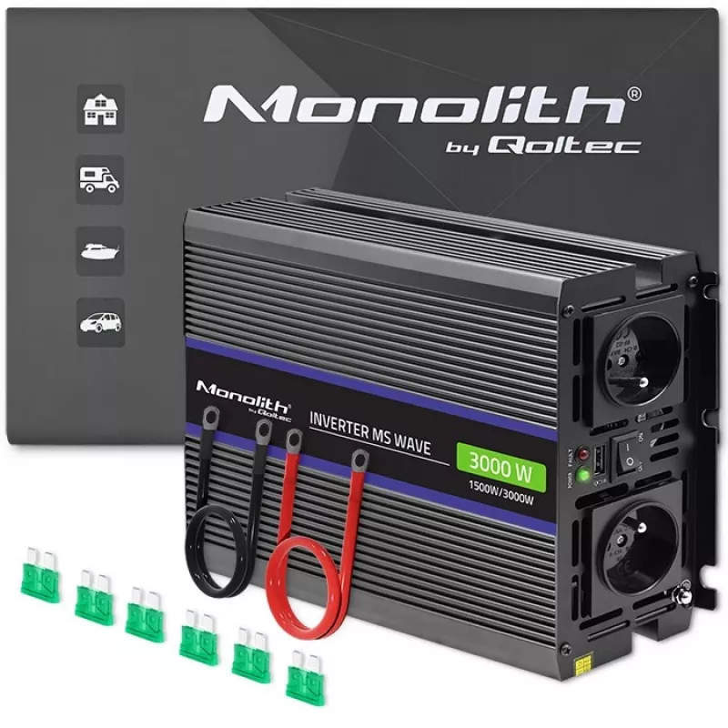 Μετατροπέας QOLTEC Monolith 3000 MS Wave, 12V→230V, 1500/3000W, με USB