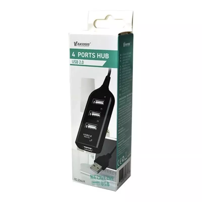 VAKOSS USB Hub TC-234UX — Hub USB 2.0 4 θυρών, τροφοδοσία DC (5 V, 1 A), μαύρο