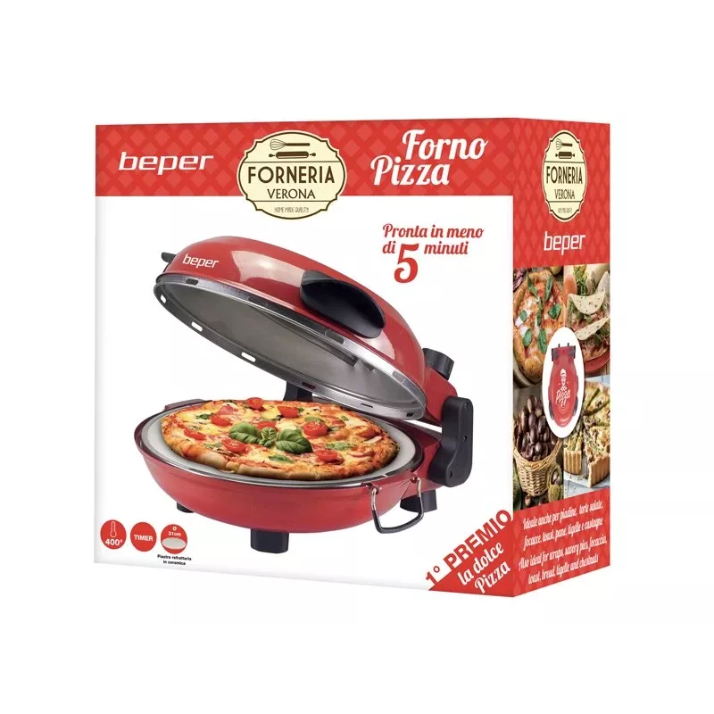 Beper P101CUD300 Party Line φούρνος πίτσας, 1200 W, 400°C, πυρίμαχη πέτρα 31 cm, κόκκινος