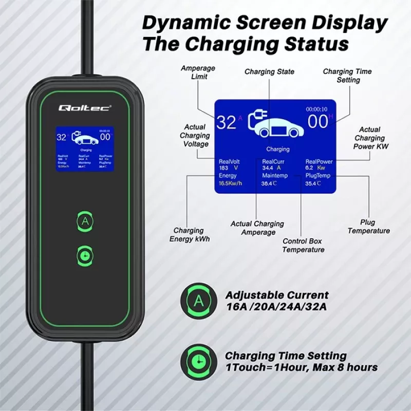 Qoltec Mobile EV Car Charger Adjustable 2in1 Type2 | 7kW | 230V | CEE 3 PIN | Wi-fi| LCD | φορητός | Wallbox | 5m