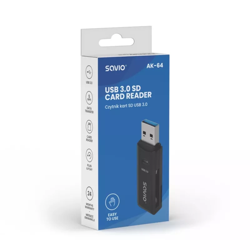 Αναγνώστης καρτών SAVIO AK-64 USB 3.2 Gen 1 έξοδος Type-A, υποδοχή MicroSD, 5000 Mbit/s, μαύρο