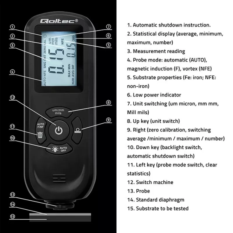Μετρητής πάχους επιστρώσεων QOLTEC 50646 LCD 0–2000 µm