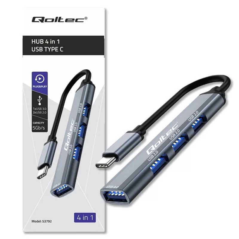 USB hub QOLTEC 53792, USB-C 3.1 σε 4 θύρες (USB 3.0 x1, USB 2.0 x3)