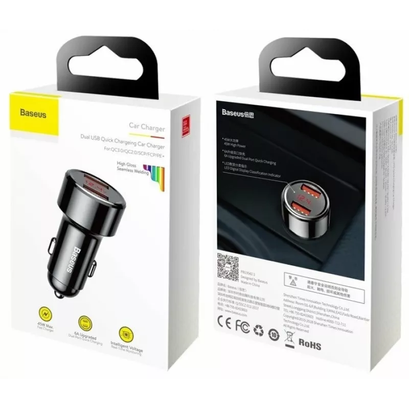 Baseus Magic CCMLC20A-01 φορτιστής αυτοκινήτου, 2x USB-A QC 3.0, 45 W, 6 A, οθόνη τάσης, μαύρος