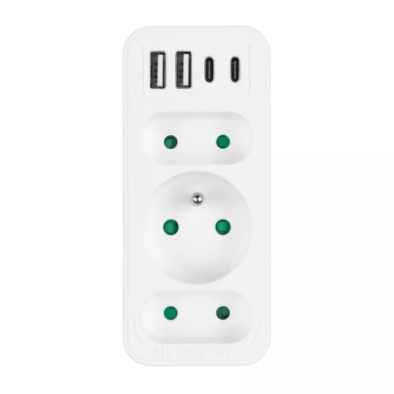 Πολύπριζο MACLEAN MCE248 F/W — 3 πρίζες AC (1×16A, 2×6A) + 4×USB (2×A, 2×C PD 20W), βύσμα EU, λευκό