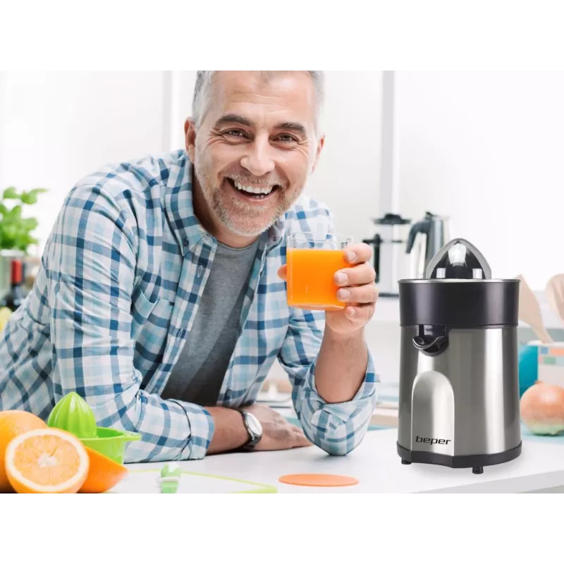 Beper P102EST001 ηλεκτρικός στίφτης εσπεριδοειδών, 85 W, στόμιο κατά της διαρροής, 2 κώνοι, μαύρο / ανοξείδωτο ατσάλι