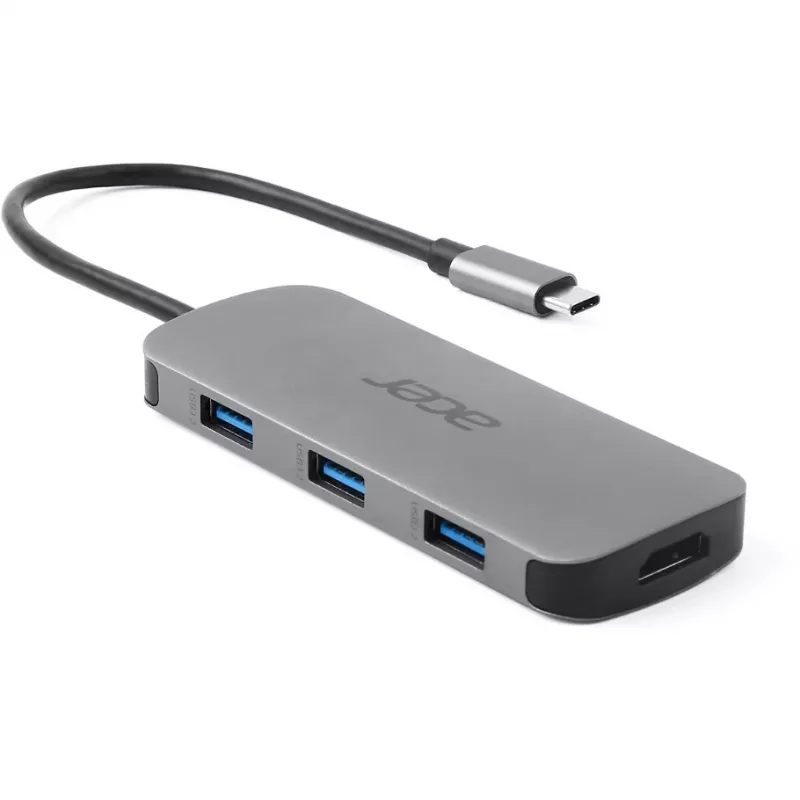 Acer HP.DSCAB.018 dongle USB-C 7 σε 1, 3x USB-A 5 Gb/s, HDMI 4K 60 Hz, SD/microSD, 100 W PD, ασημί