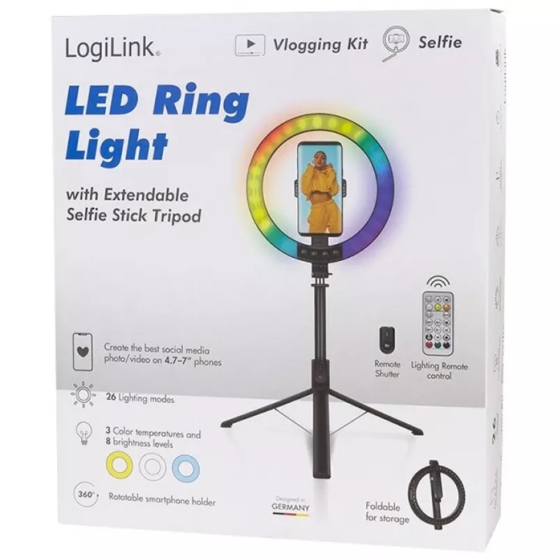 LogiLink δακτυλιοειδές φως smartphone με τρίποδο selfie stick, DM 20cm (AA0156)