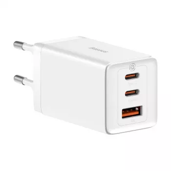 Φορτιστής τοίχου Baseus GaN5 Pro 65W — USB + 2×USB-C (QC3.0, PD3.0) με καλώδιο USB-C 1m, λευκό