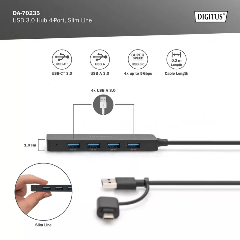 USB Hub, Digitus, DA-70235, 4-Port, USB 3.2 Gen 1, Type-A και Type-C, 12000 Mbit/s