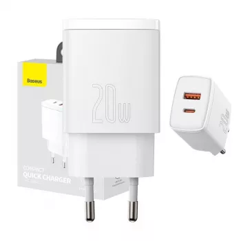 Φορτιστής τοίχου Baseus Compact 1x USB-A + 1x USB-C 3A, συμπαγής ταξιδιωτικός αντάπτορας