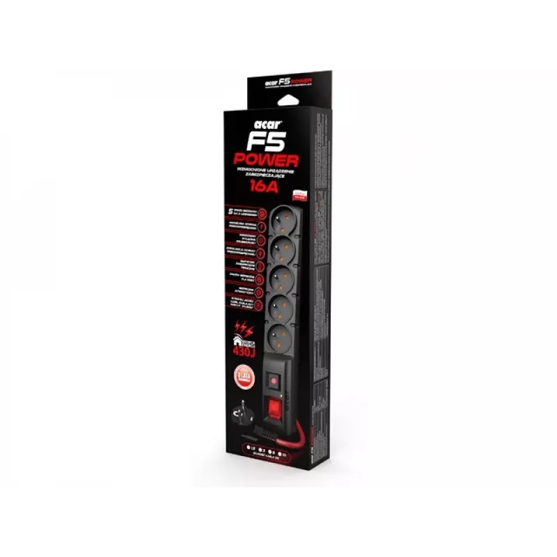 ACAR F5 POWER πολύπριζο με προστασία από υπερτάσεις, 5 πρίζες, 16 A, με διακόπτη, 1,5 m, μαύρο