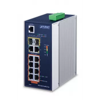 Διαχειριζόμενος διακόπτης PLANET IGS-4215-8P2T2S — 10x Gigabit RJ-45, 2x SFP, 8x PoE+ (240W), 48–56V DC, L2/L4, IP30, τοποθέτηση σε ράγα DIN/τοίχο