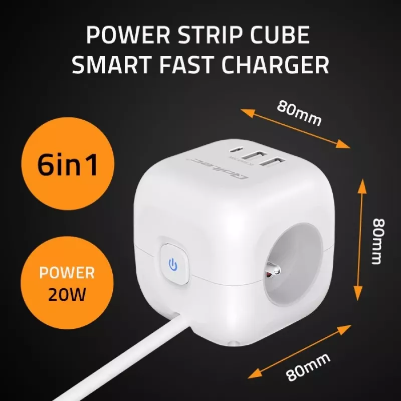 Πολύπριζο Power Cube QOLTEC 52547 3×υποδοχές AC, 2×USB-A, 1×USB-C PD 20W
