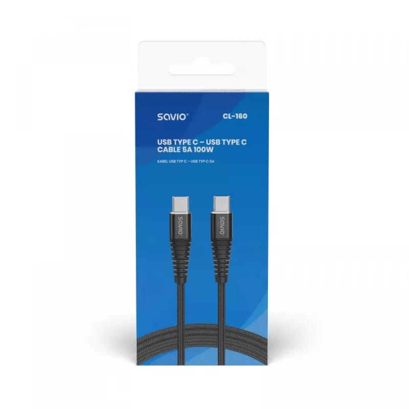 Savio CL-160 Καλώδιο USB 2 m USB 2.0 USB C - USB C Μαύρο