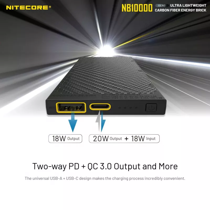 Φορητό powerbank Nitecore NB10000 — 10000 mAh, USB‑A + USB‑C, 38 W συνολική έξοδος, γκρι