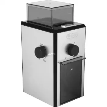Μύλος καφέ De’Longhi KG89 — χωρητικότητα κόκκων 120 g, 110 W, 12 φλιτζάνια, θήκη ανοξείδωτου ατσαλιού-πλαστικού