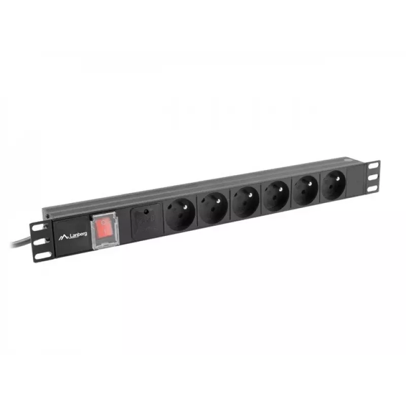 Μονάδα διανομής ρεύματος LANBERG PDU-06E-0200-BK — 6x έξοδοι Type-E, 16 A, καλώδιο 2 m, Rack 1HE, 220–250 V