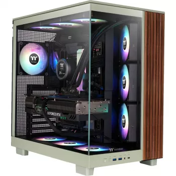 View 380 XL WS ARGB, κουτί Tower ανοιχτό πράσινο/ξύλο, tempered glass x 2, υφή ξύλου