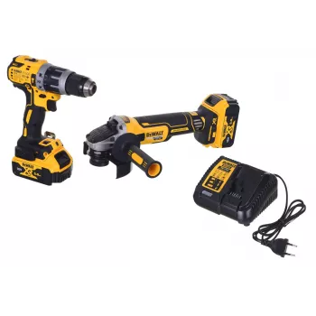 Σετ combo ηλεκτρικών εργαλείων DeWALT DCK2080P2T-QW — 18V Li‑Ion 5Ah (2x), λειαντήρας γωνίας DCG405, δραπανοκατσάβιδο, σπείρωμα δίσκου λείανσης M14, βαλίτσα μεταφοράς