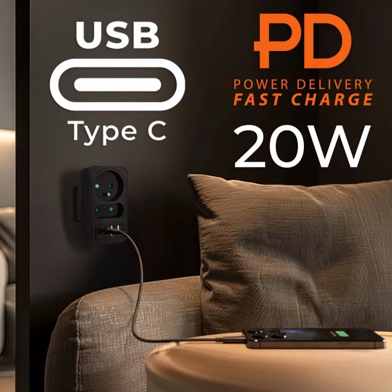 Πολύπριζο MACLEAN MCE249 F/B – 2 πρίζες AC (16A + 6A) με 2×USB-A και 2×USB-C PD 20W, βύσμα EU, μαύρο