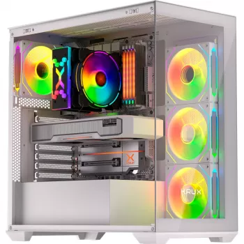 Θήκη υπολογιστή KRUX Exo Midi Tower, ATX/micro-ATX/mini-ITX, 2x ψημένο γυαλί, USB-C, 4 ανεμιστήρες 120 mm, 2 θέσεις 3,5 ιντσών + 2 θέσεις 2,5 ιντσών, κάρτα γραφικών έως 40,5 cm, λευκή