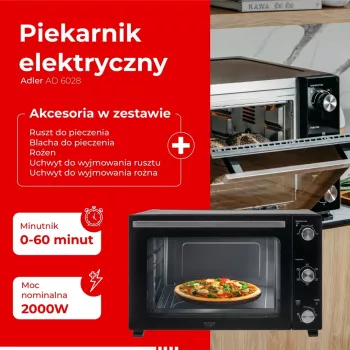 Ηλεκτρικός φούρνος Adler AD 6028 — 60 l, 2000 W, ελεύθερος, περιστροφικοί διακόπτες, rotisserie, μέγ. 230 °C, μαύρος