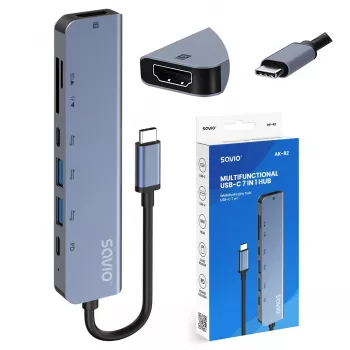 USB Type-C Hub SAVIO AK-82 με HDMI, MicroSD, USB 3.2 Gen1, PD-Durchgang, 4K@30Hz, 5000 Mbit/s, μαύρο