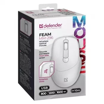 Defender Feam MM-296 52297 ασύρματο ποντίκι, αθόρυβο κλικ, οπτικό, 1600 DPI, USB, λευκό