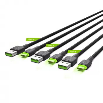 Green Cell Ray KABGCSET02 σετ καλωδίων USB-A σε USB-C (3 τεμ.), 1,2 m, 480 Mbps, πράσινος φωτισμός LED