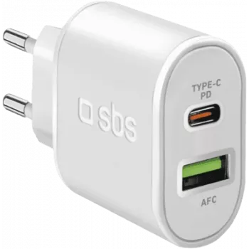 SBS - Τροφοδοτικό - 20 Watt - 3 A - Ταχεία φόρτιση, PD - 2 Θύρες εξόδου (USB, 24-Pin USB-C) - Λευκό - Ευρώπη (TETRPD20W)