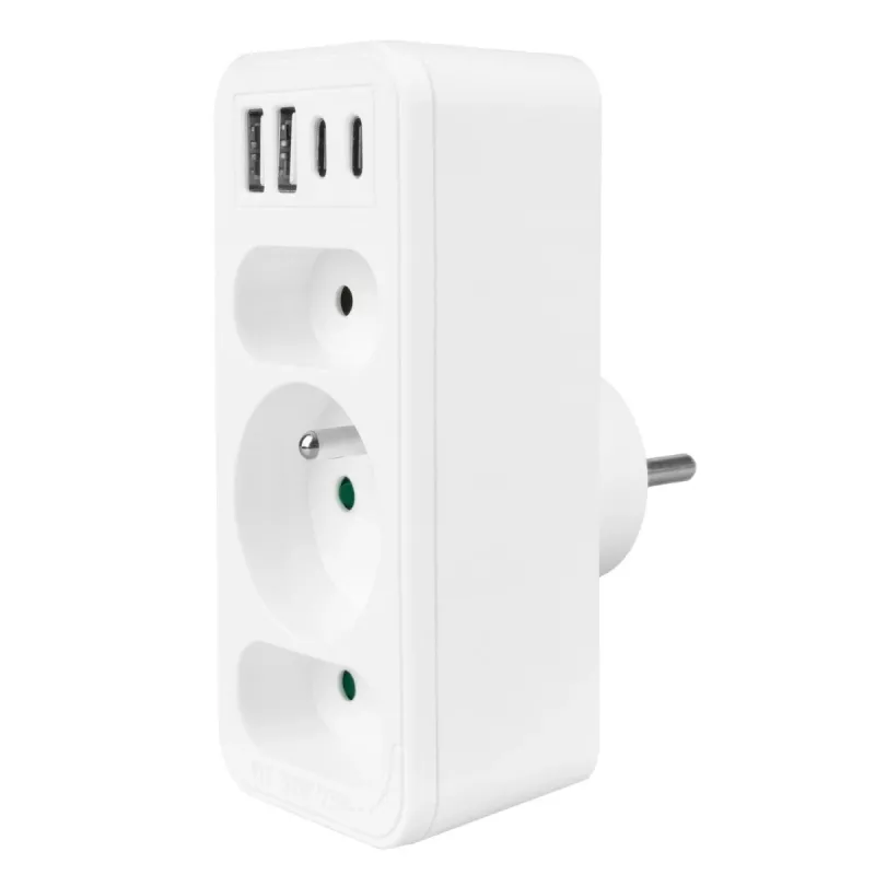Πολύπριζο MACLEAN MCE248 F/W — 3 πρίζες AC (1×16A, 2×6A) + 4×USB (2×A, 2×C PD 20W), βύσμα EU, λευκό