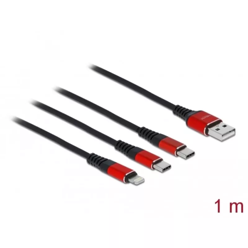 Καλώδιο φόρτισης USB DeLOCK 3 σε 1 Type-A σε Lightning / 2 x USB Type-C 1 m μαύρο / κόκκινο