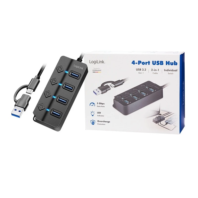 USB 3.2 Gen1 HUB, 4x USB-A διακόπτης on/off