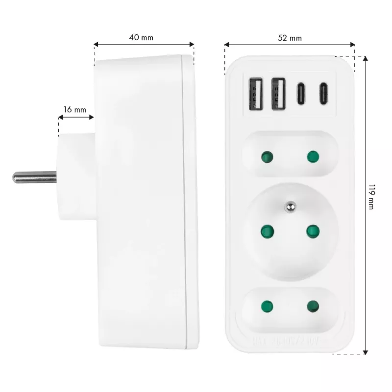 Πολύπριζο MACLEAN MCE248 F/W — 3 πρίζες AC (1×16A, 2×6A) + 4×USB (2×A, 2×C PD 20W), βύσμα EU, λευκό