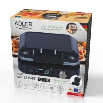 Τοστιέρα βάφλας Adler AD 3087 — ηλεκτρική βελγική τοστιέρα βάφλας, 2200 W, 2 ορθογώνιες πλάκες 9×17 cm, μαύρη