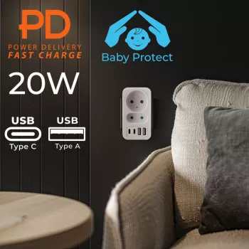 Πολύπριζο MACLEAN MCE249 F/W – 2x πρίζες ρεύματος (16A + 6A) και 4x USB (2x A, 2x C PD 20W)